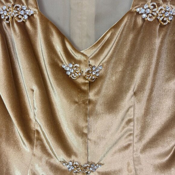 Women’s Gold 2-Piece Velvet Jacket and Skirt Set W/Brooch-Like Embellishments - Picture 7 of 10